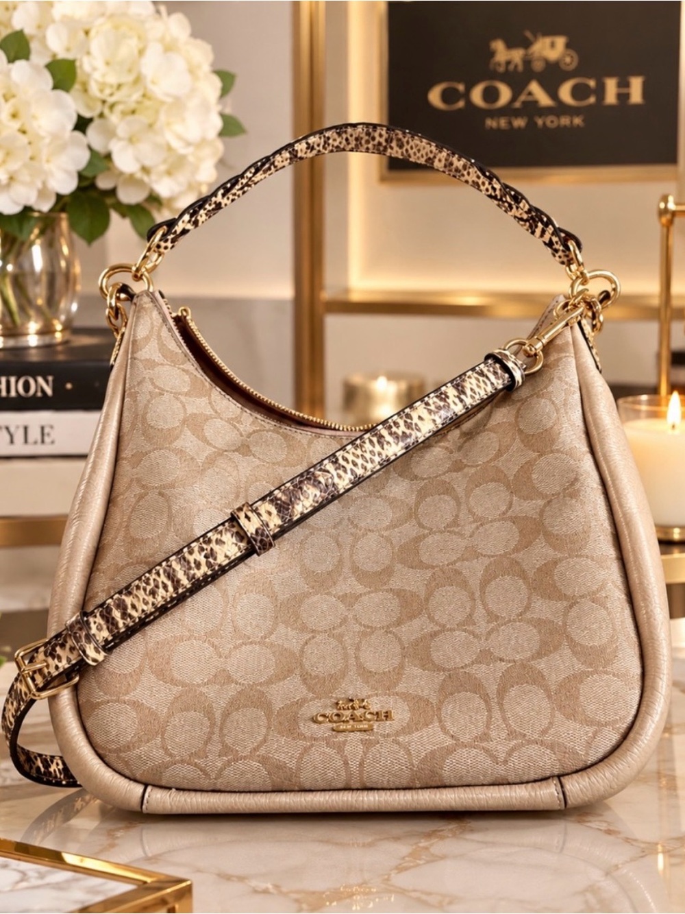 Coach Beige Signature Jules Hobo with Snake Embossed Trim Accents